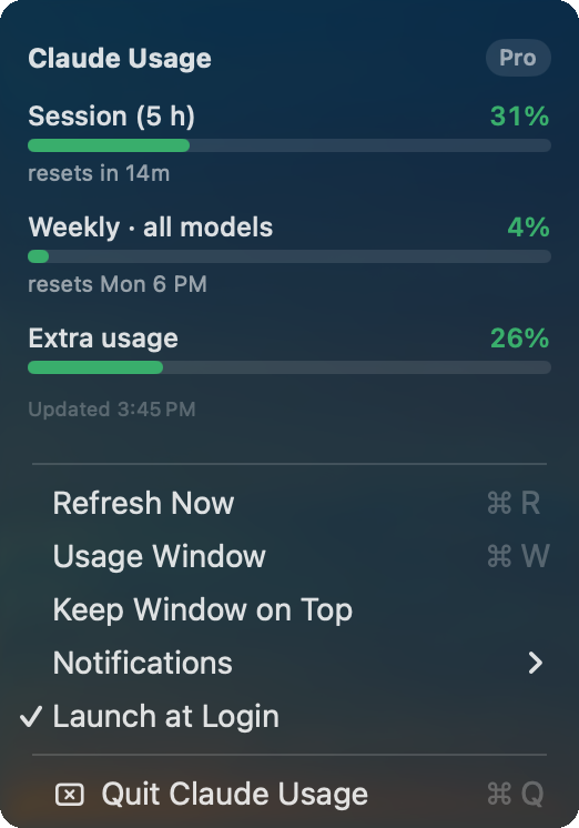Claudar's menu bar dropdown: session, weekly, and extra usage meters with reset times, plus menu items like Refresh Now and Usage Window