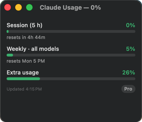 The usage window: session, weekly, and extra usage bars with reset times